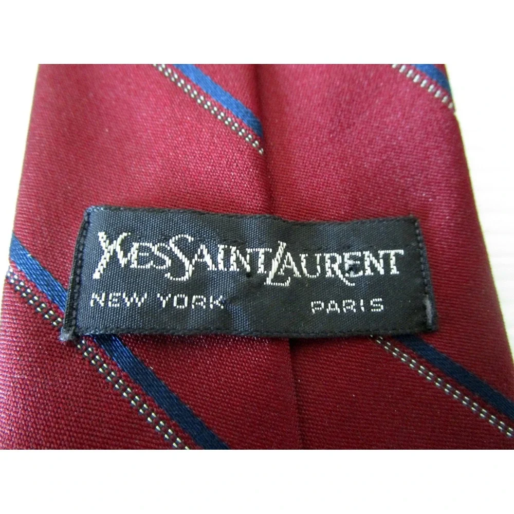 Yves Saint Laurent YSL Men's Burgundy Blue Stripe Tie Vintage